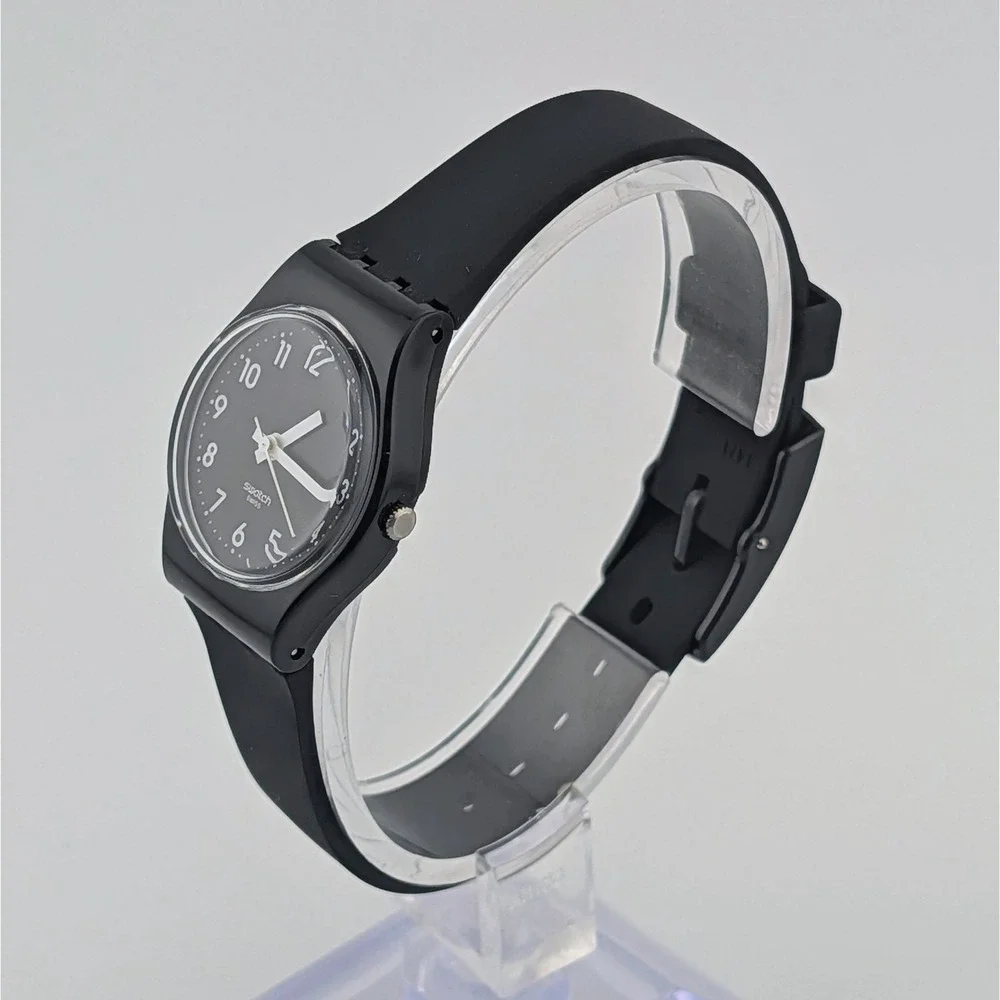 Swatch Swiss Black Quartz Watch White Arabic Numerals 25mm Classic Minimalist